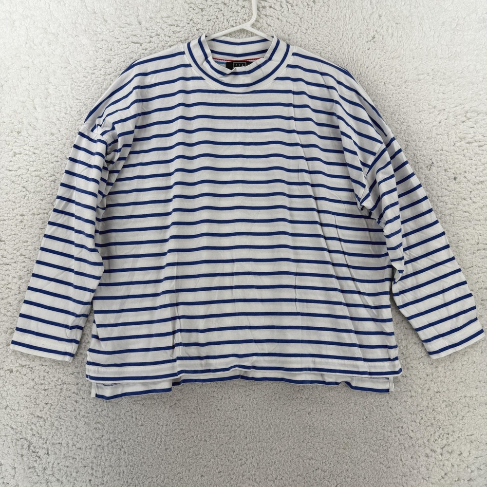 Ayr Shirt Womens XL White Blue Stripe Mock Neck Long Sleeve Pima Cotton Tee Top